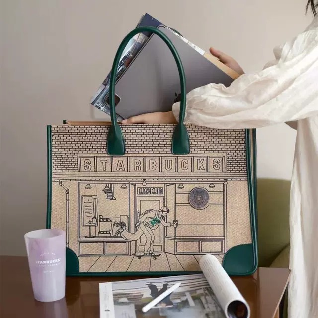 Túi vải canvas Starbucks size 40 _Túi tote đeo vai nữ size lớn _ Túi xách size 40 cỡ đại có khoá kéo