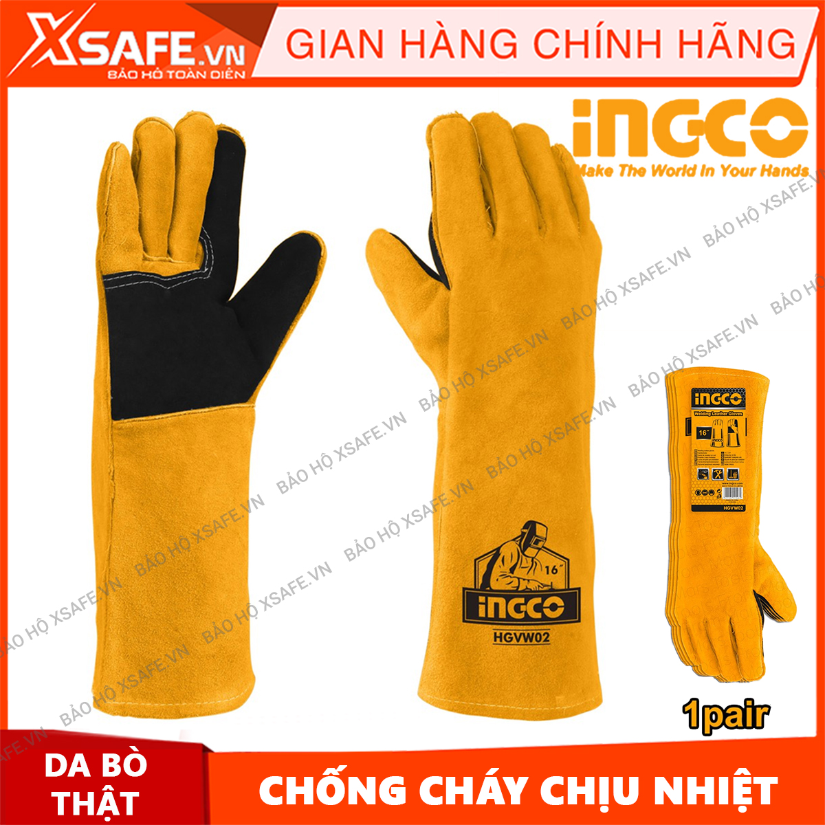 Găng tay hàn INGCO HGVW02 16" bao tay da hàn bảo hộ lao động da bò thật chịu nhiệt hàn tig mềm mại thao tác chuẩn