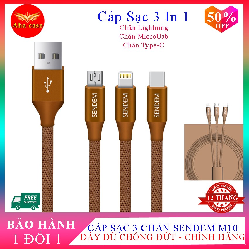 [Bán chạy] Cáp sạc 3 chân Sendem M10 - Bảo hành 1 năm 1 đổi 1 - Cáp sạc 3in1, chân Lightning, MicroUSB, TypeC - Cáp sạc dây dù chống đứt, sạc nhanh, truyền dữ liệu tốt