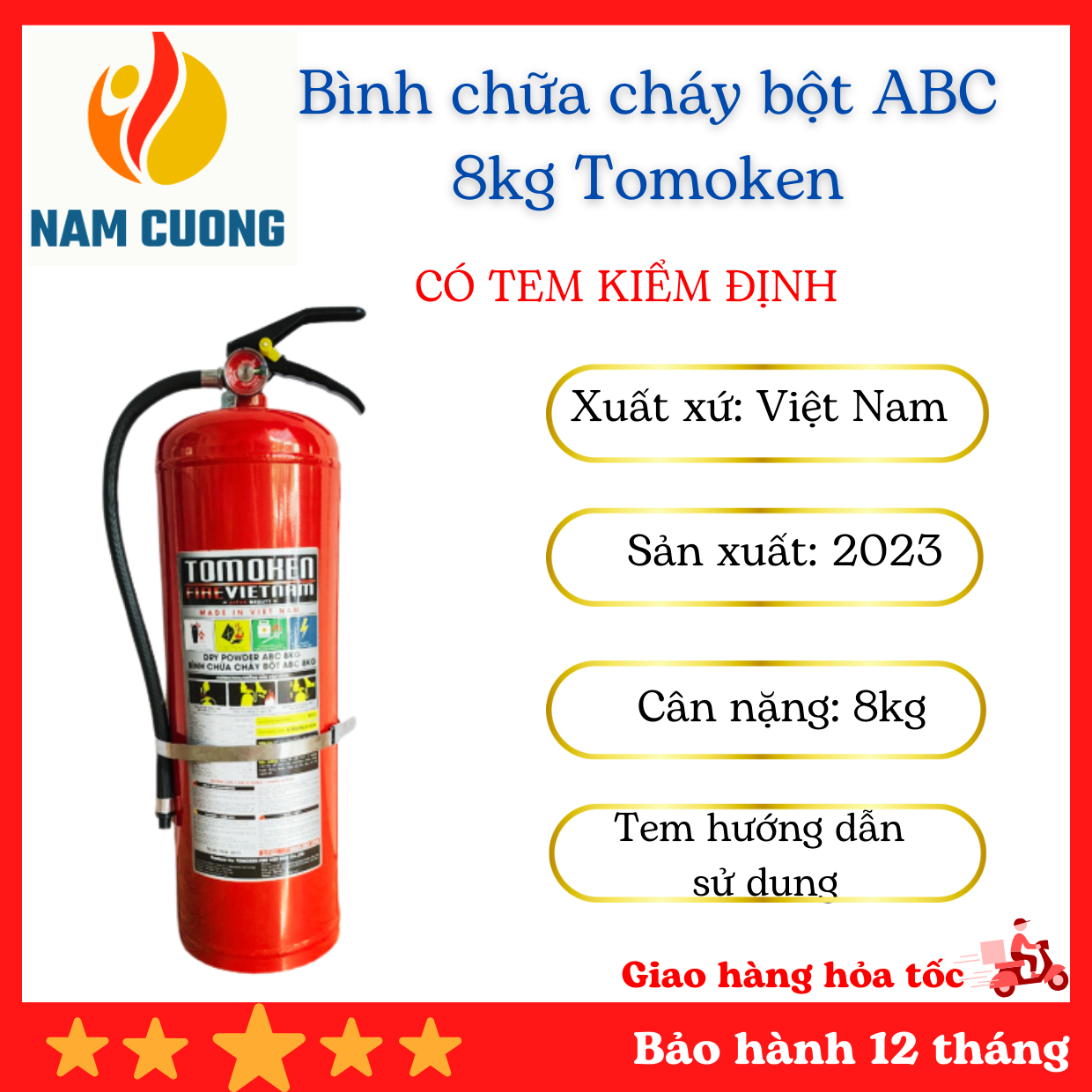 [CÓ TEM KIỂM ĐỊNH, SẢN XUẤT Ở VIỆT NAM] BÌNH CHỮA CHÁY TOMOKEN - BỘT ABC 8KG, ĐỦ TIÊU CHUẨN PCCC