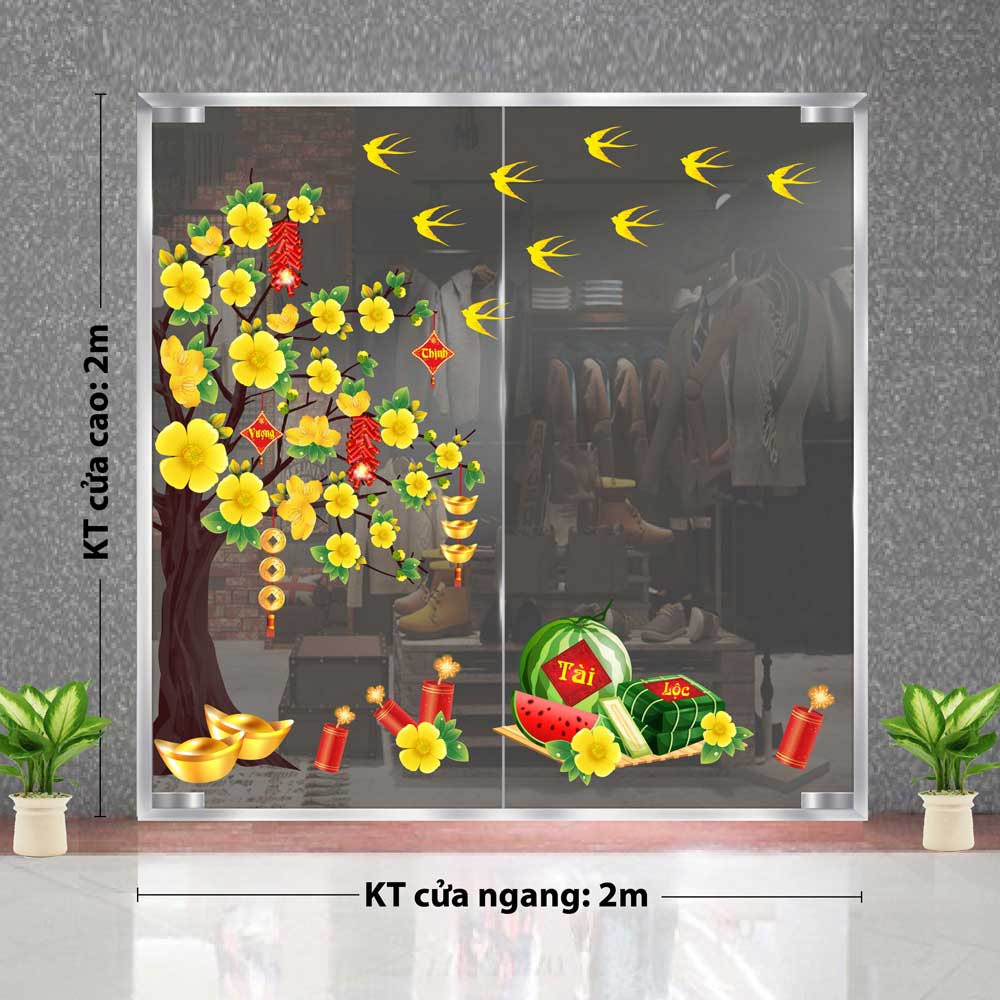 Decal trang trí tết - xuân về bên cây mai vàng nở rộ dt380