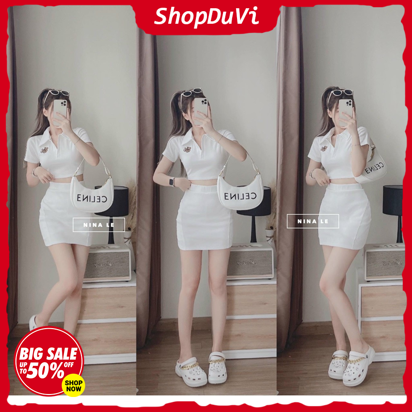 Set váy nữ thời trang , set áo cổ sơ mi ôm body thêu gấu mix chân váy ngắn màu trắng tinh khôi mặc rất dễ thương
