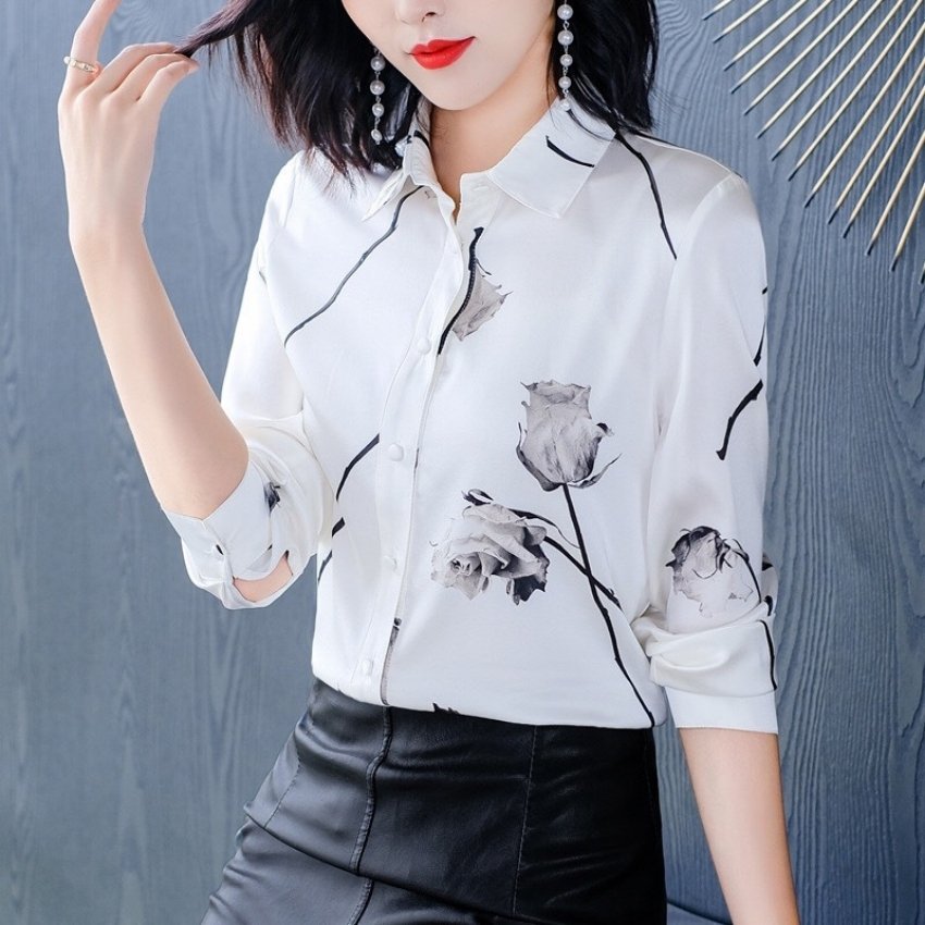 Áo sơ mi nữ dài tay họa tiết hoa hồng Thời trang EMEY LUXURY Chất vải mềm mại Thiết kế nữ tính Không Kém Phần Sang Trọng