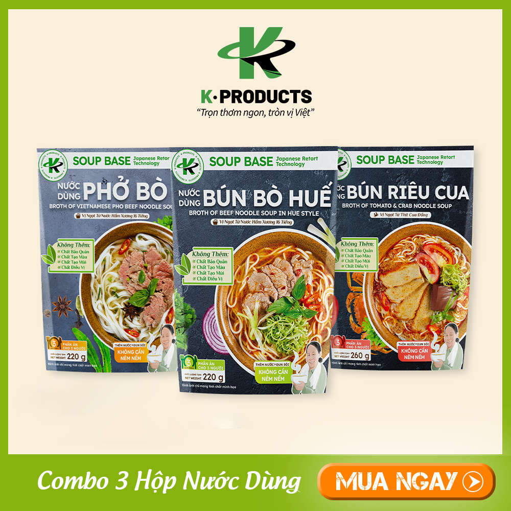 Combo 3 gói nước dùng phở bò, bún bò huế, bún riêu cua - k products, thực phẩm tiện lợi việt nam