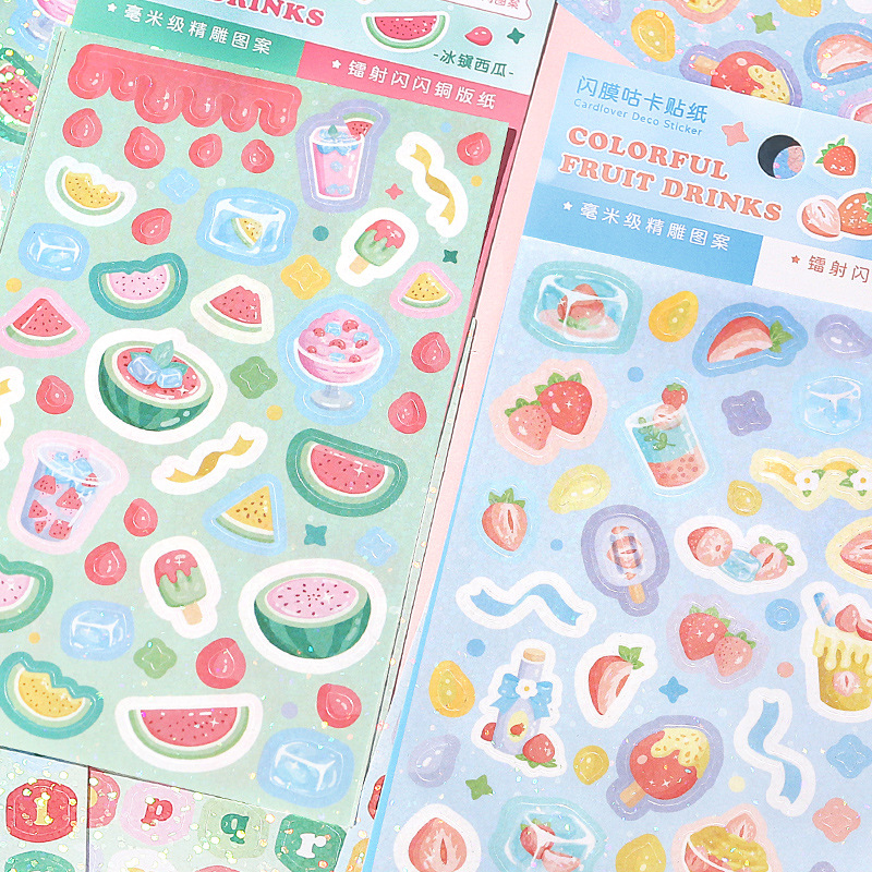 Sticker hình dán trái cây nhiều màu sắc đặc biệt có kim tuyến lấp lánh dùng decor card, toploader