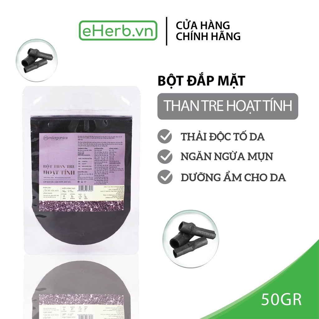 Bột than tre hoạt tính nguyên chất đắp mặt nạ detox & dưỡng ẩm làn da milaganics 50g