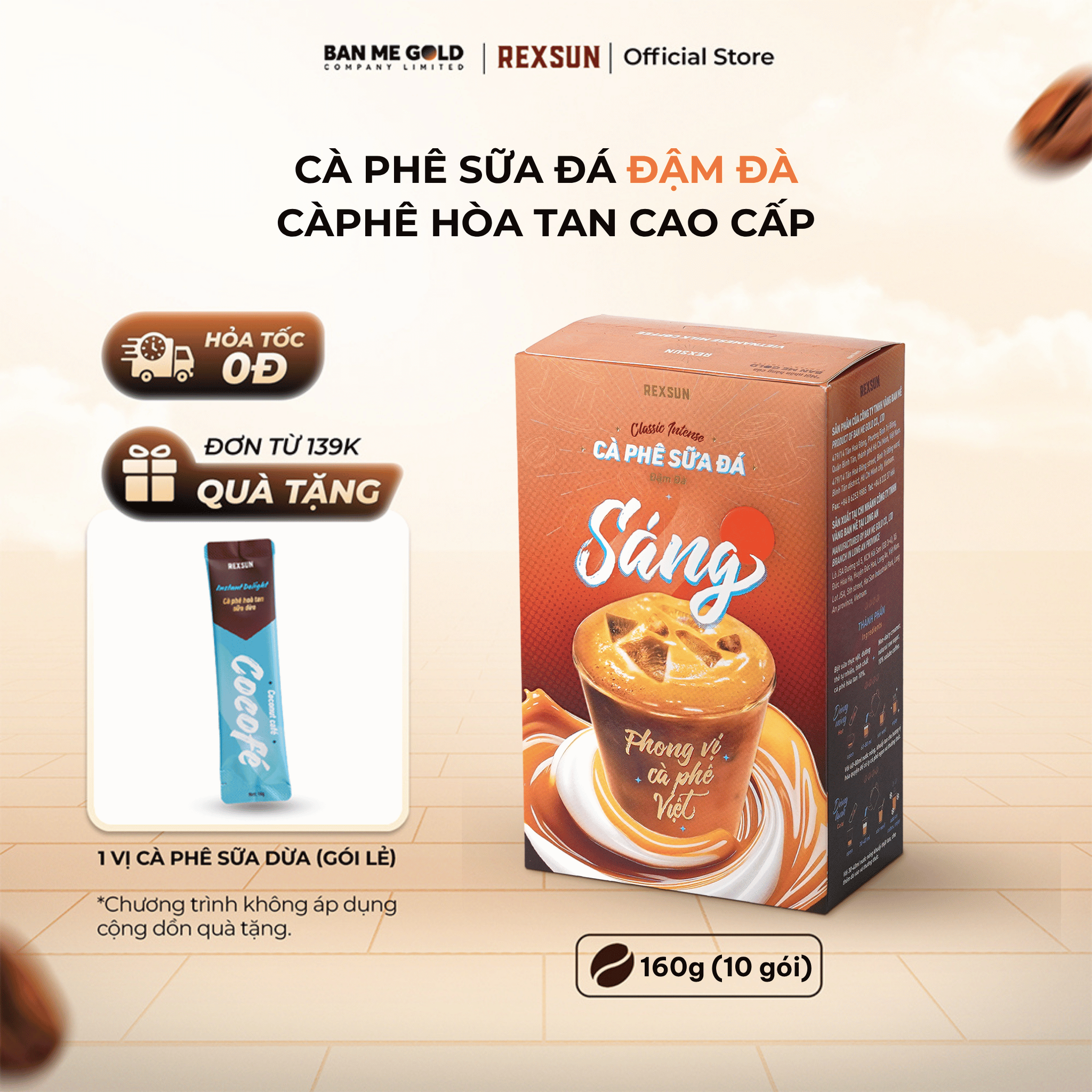 [TẶNG QUÀ] Cà Phê Hoà Tan Sữa Đá ĐẬM ĐÀ Gu Mạnh Mẽ - Hộp 180g (10 gói) - Cafe Sữa Đá 3in1 Tiện Lợi Chính Hãng Ban Me Gold - Rexsun