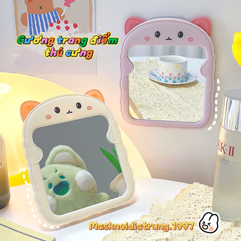 Gương trang điểm hình tai gấu kèm giá đỡ