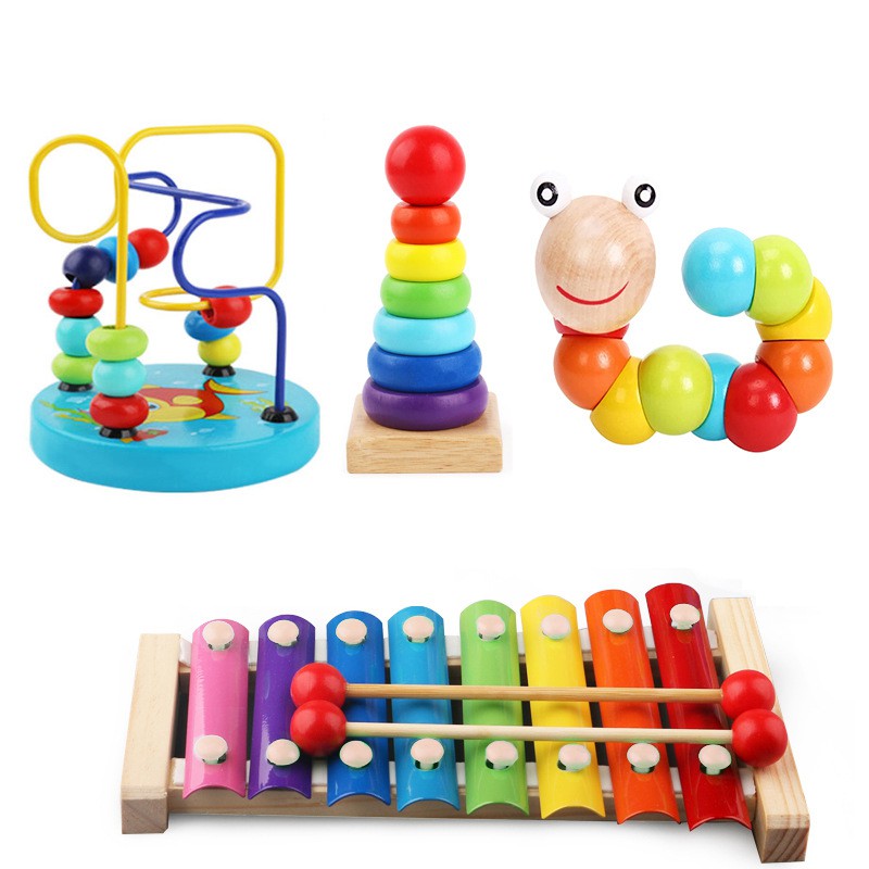 Combo 4 món đồ chơi gỗ cho bé- luồn hạt, sâu gỗ, tháp cầu vồng, đàn gỗ.