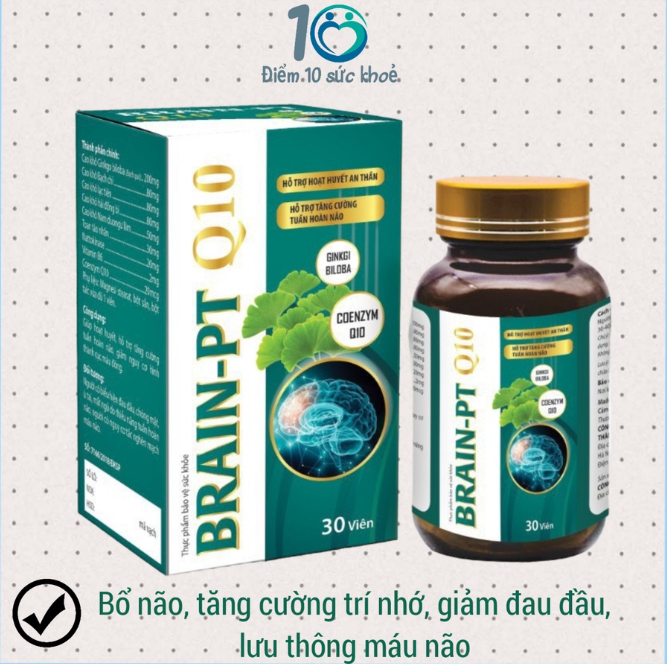 Viên uống bổ não BRAIN-PT Q10 Hỗ trợ hoạt huyết an thần, tăng cường trí nhớ, giảm đau đầu chóng mặt, giúp lưu thông máu não - 30 viên