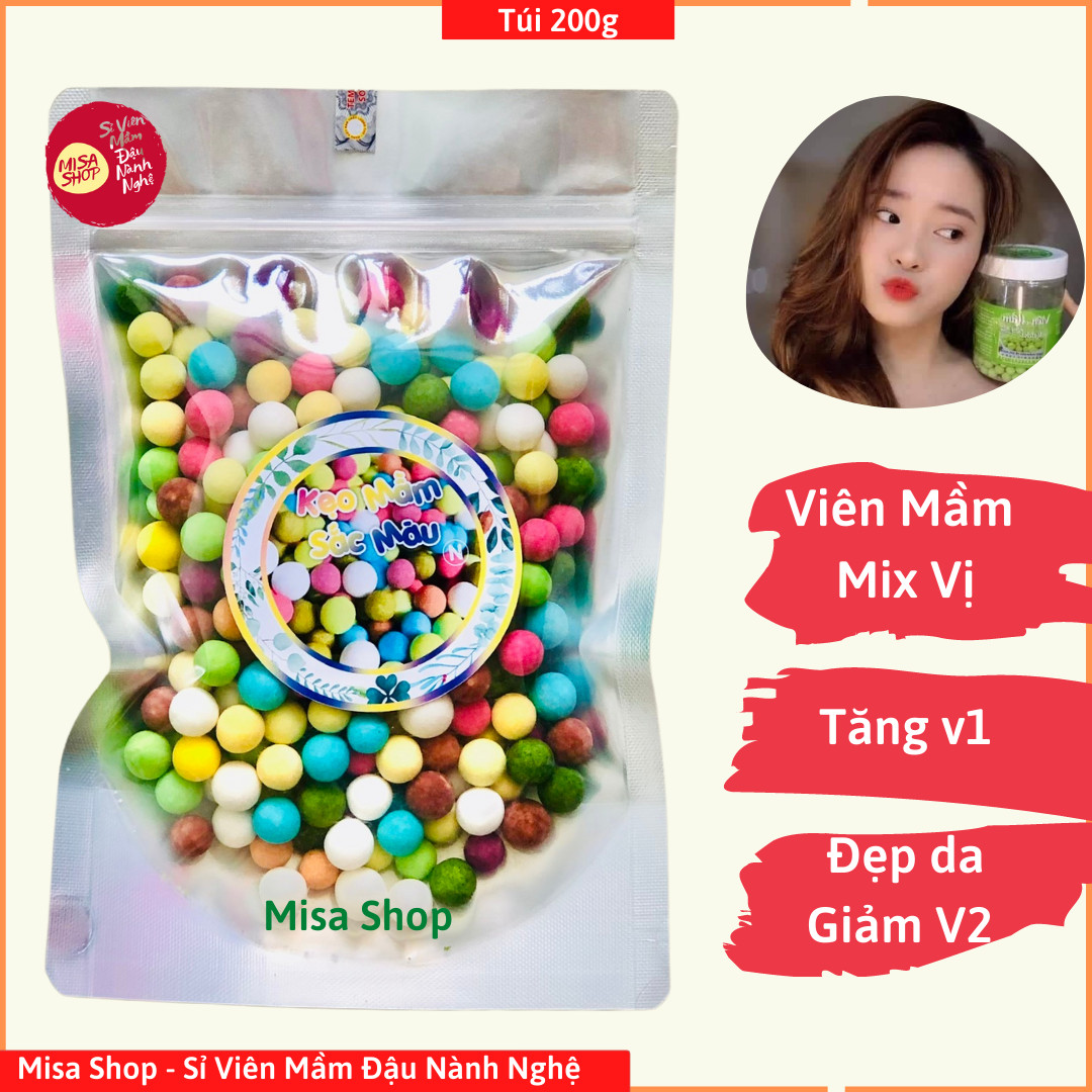 [MIỄN SHIP] 200gr viên mầm mix vị mầm đậu nành nguyên xơ, matcha, sữa, collagen, khoai môn, dâu tây, việt quất, tảo - Kẹo mầm mix vị Misa Shop
