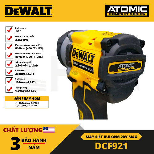 Thân máy vặn bulong pin 20v dewalt dcf921n-b1| chính hãng| bảo hành 3 năm