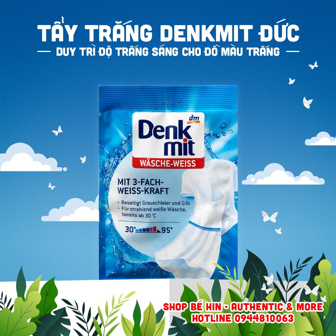 Tẩy trắng quần áo Denkmit Đức, loại bỏ vết ố vàng ngả màu, duy trì độ trắng sáng cho quần áo trắng