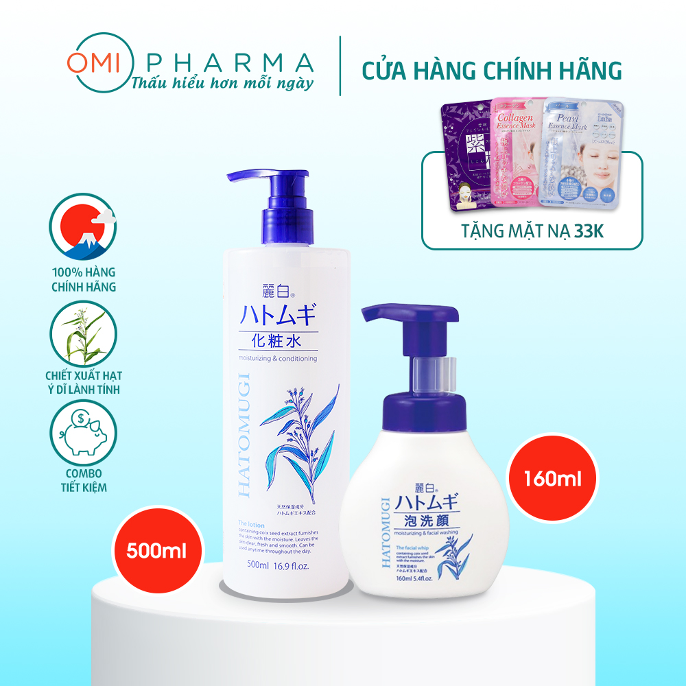 Combo sữa tắm ý dĩ trắng da 800ml và sữa rửa mặt facial whip 160ml reihaku hatomugi nhật bản
