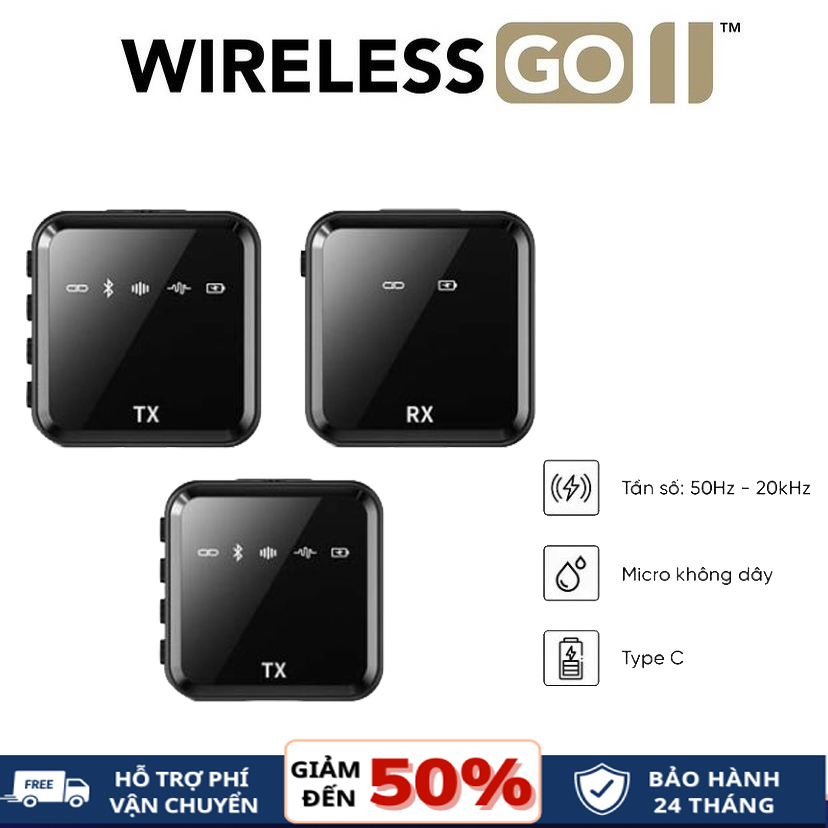 Micro cài áo không dây rode wireless go 2 dành cho điện thoại/camera, máy quay độ trễ thấp giúp thu âm cực tốt, di chuyển phù hợp cho quay video, youtuber, vlogger, tiktoker