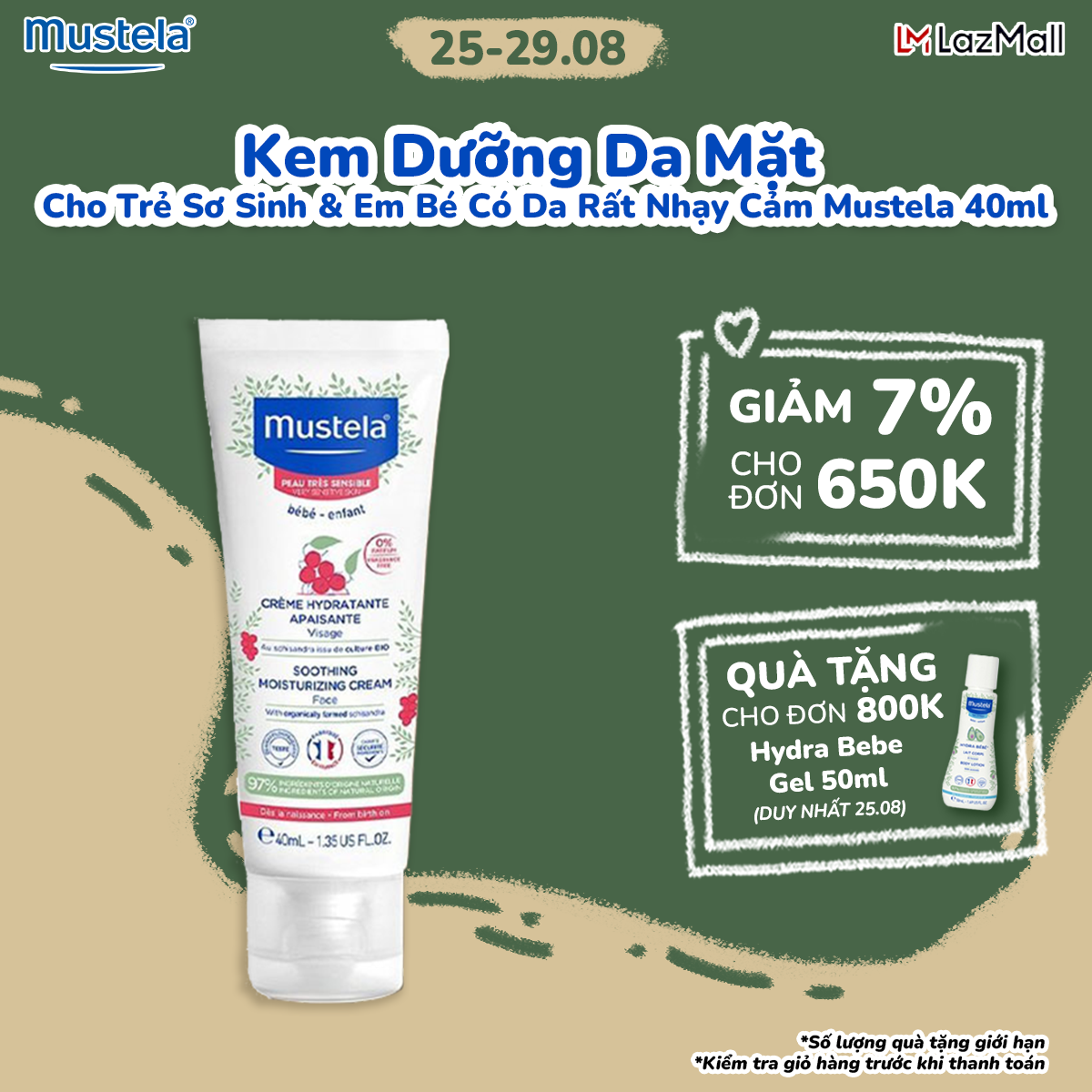 Kem Dưỡng Da Mặt Cho Trẻ Sơ Sinh & Trẻ Em Da Nhạy Cảm Mustela 40ml