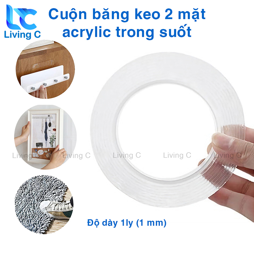 Cuộn băng keo siêu dính 2 mặt acrylic Living C CBK, keo dán tường trong suốt siêu dính chịu lưc chống thấm