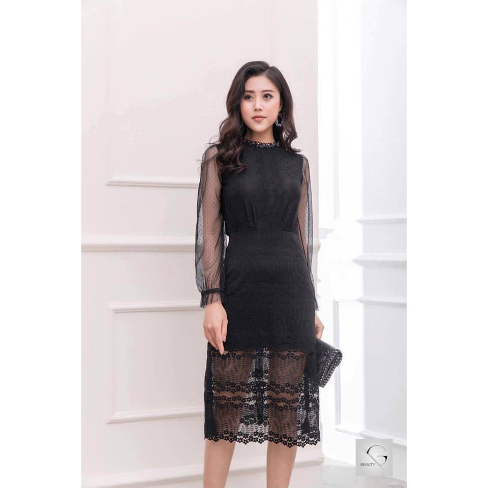 G Beauty Đầm Ren Đen phối tay bi