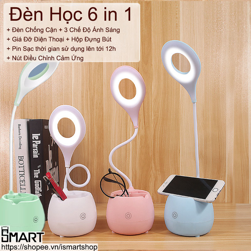 Đèn học để bàn chống cận cảm ứng tích điện, pin 12 tiếng, kiêm hộp đựng bút và giá đỡ điện thoại - Đèn học chống cận thị - DH01