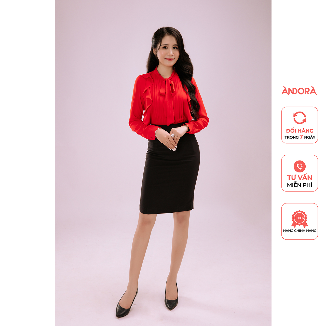 Áo sơ mi kiểu nữ công sở tay dài Andora xếp li, thắt nơ, bánh bèo, trẻ trung, thanh lịch, chất liệu lụa cao cấp A0102T