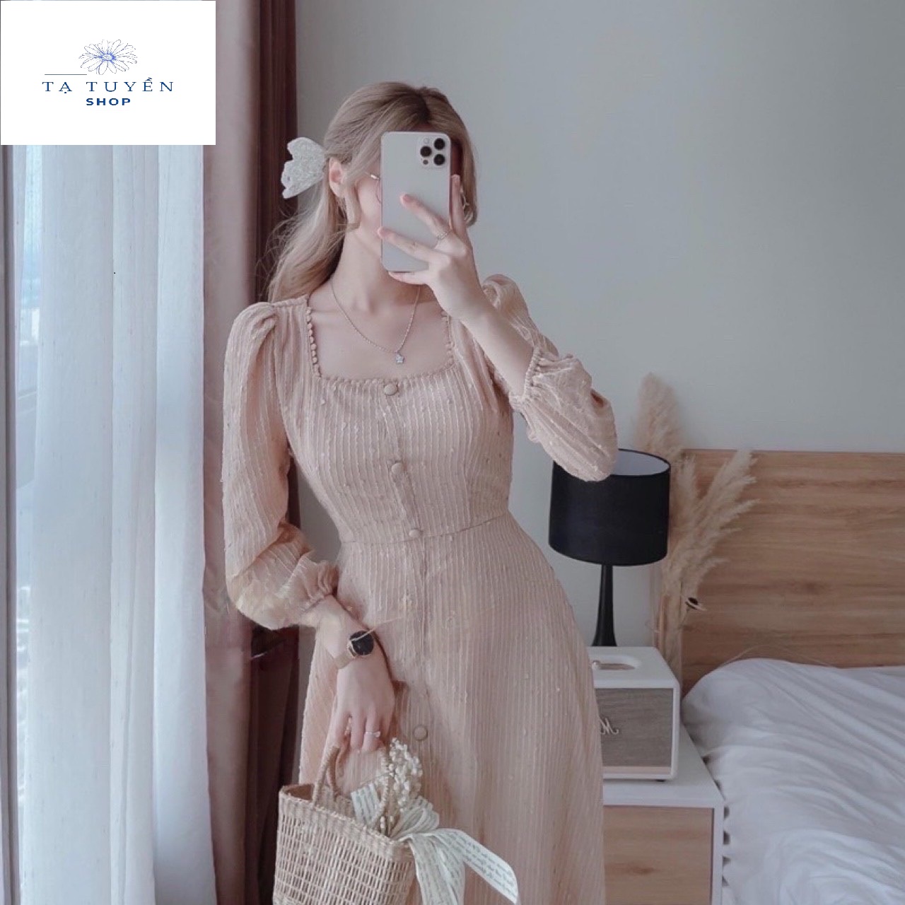 Váy hoa cổ vuông nơ ngực - hàng thiết kế cao cấp