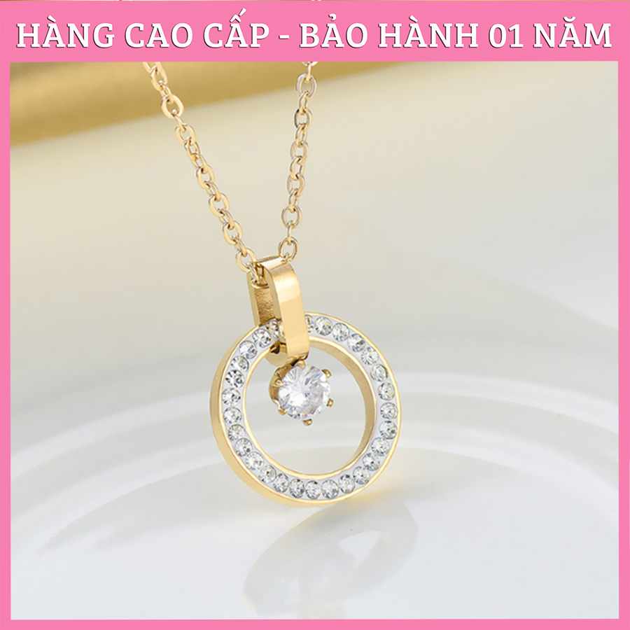 Dây chuyền, vòng cổ titan mặt tròn đính đá tn368