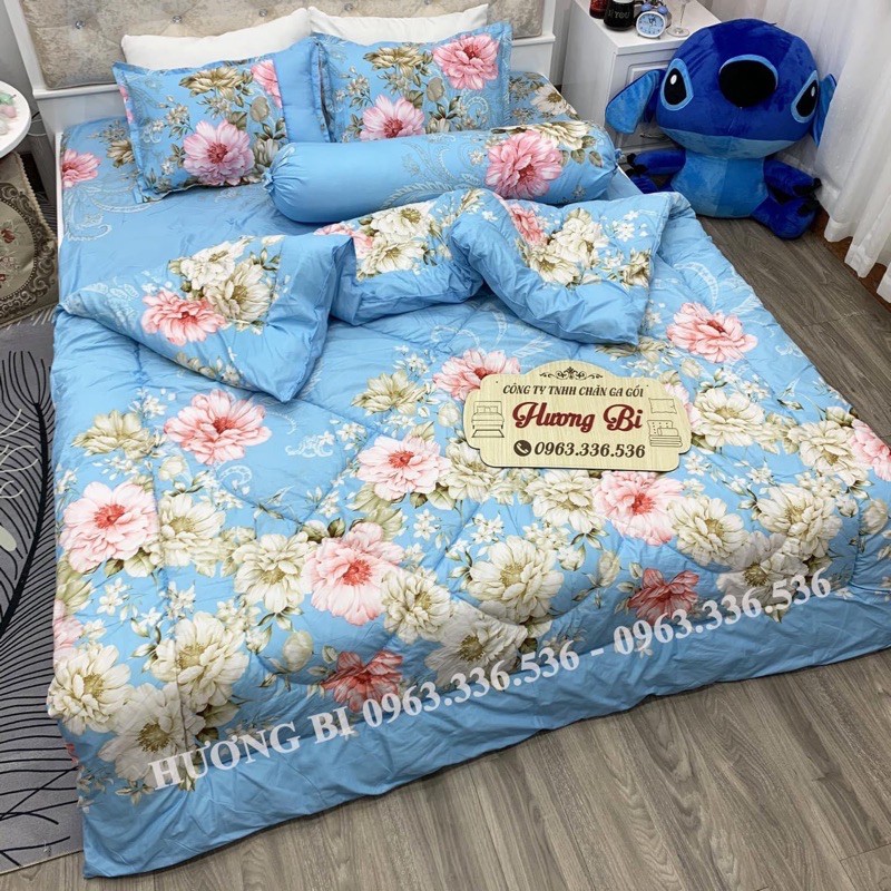Trọn bộ chăn ga gối chăn phao 5món - hoa trà xanh