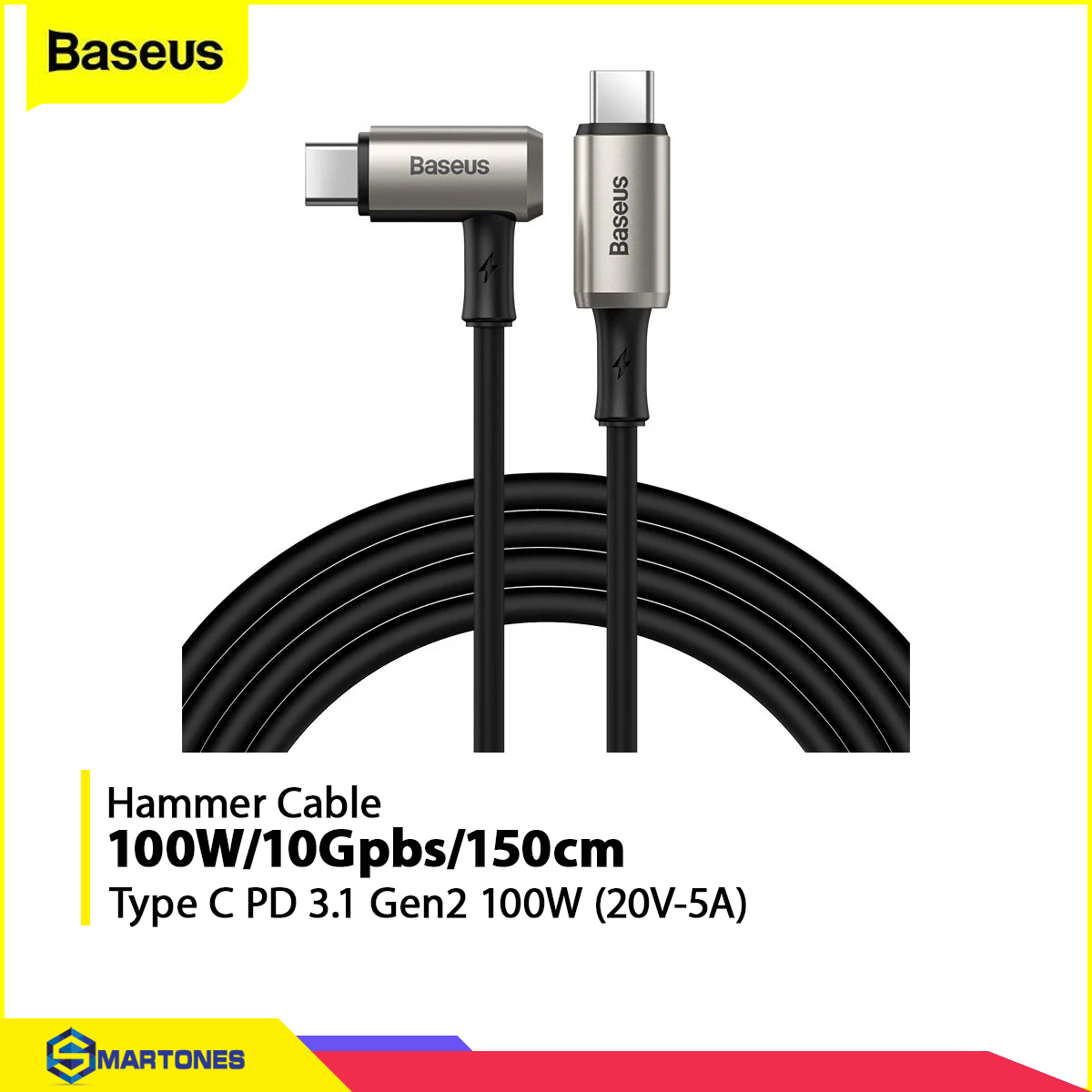 Cáp sạc Baseus Hammer chuẩn type C Gen3.1 PD 100W sạc nhanh QC 4.0, truyền tải data 10Gpbs, xuất hình ảnh 4K, dài 150cm