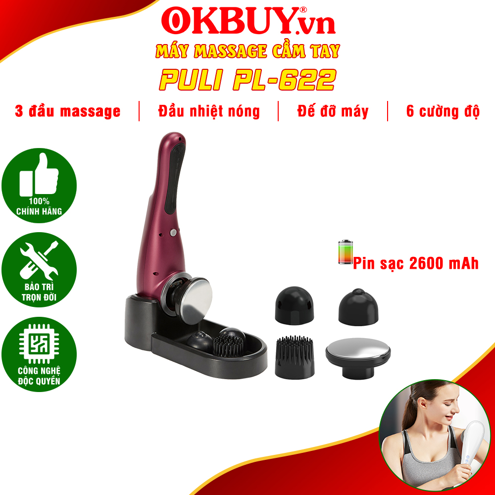 Máy massage cầm tay, máy đấm lưng cầm tay, máy massage mini cầm tay PULI PL-622 - 4 đầu matxa có đầu nóng 60 độ - 3 kiểu rung và 6 mức cường độ| OKBUY