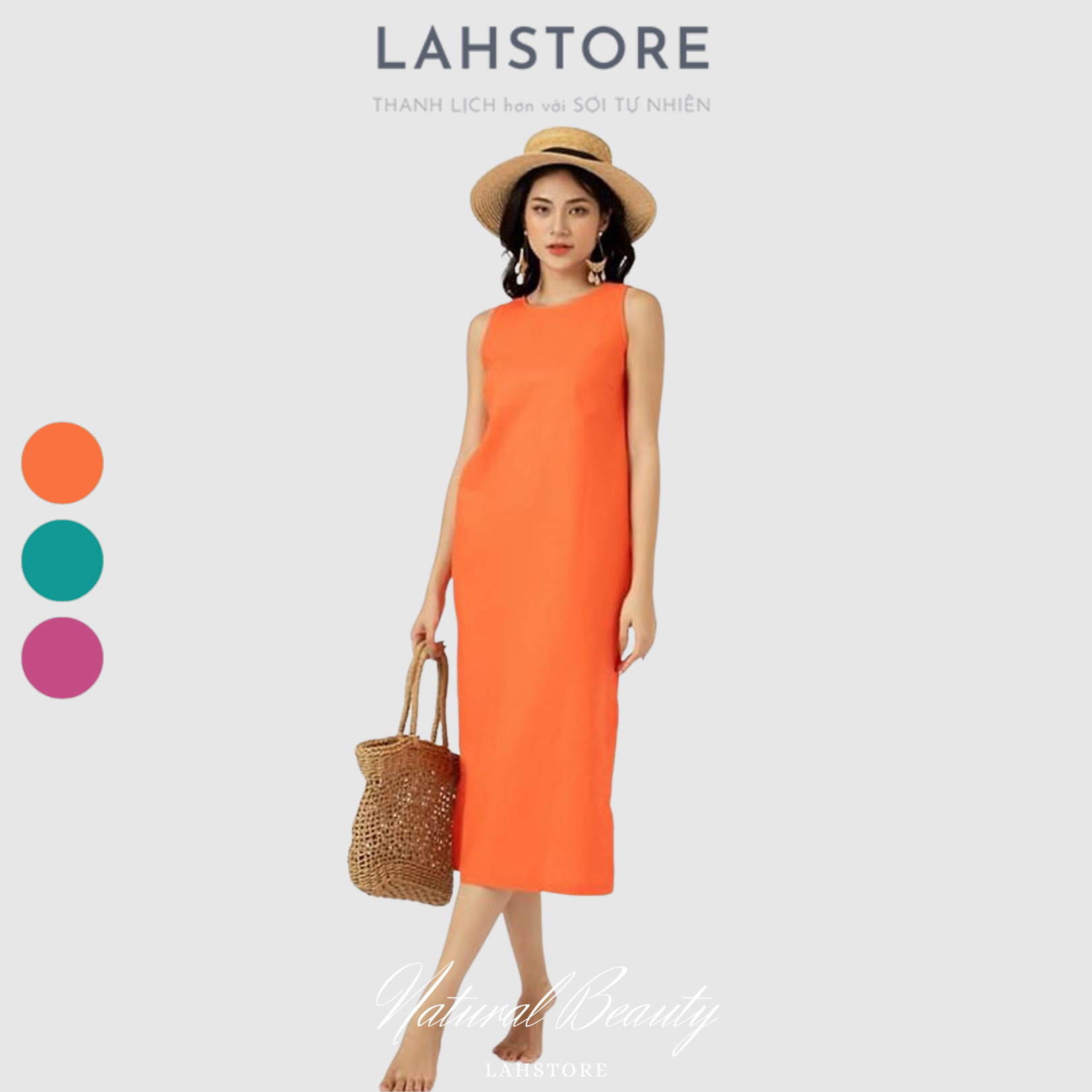 Đầm suông dài vải linen dáng yếm nơ lưng LAHSTORE