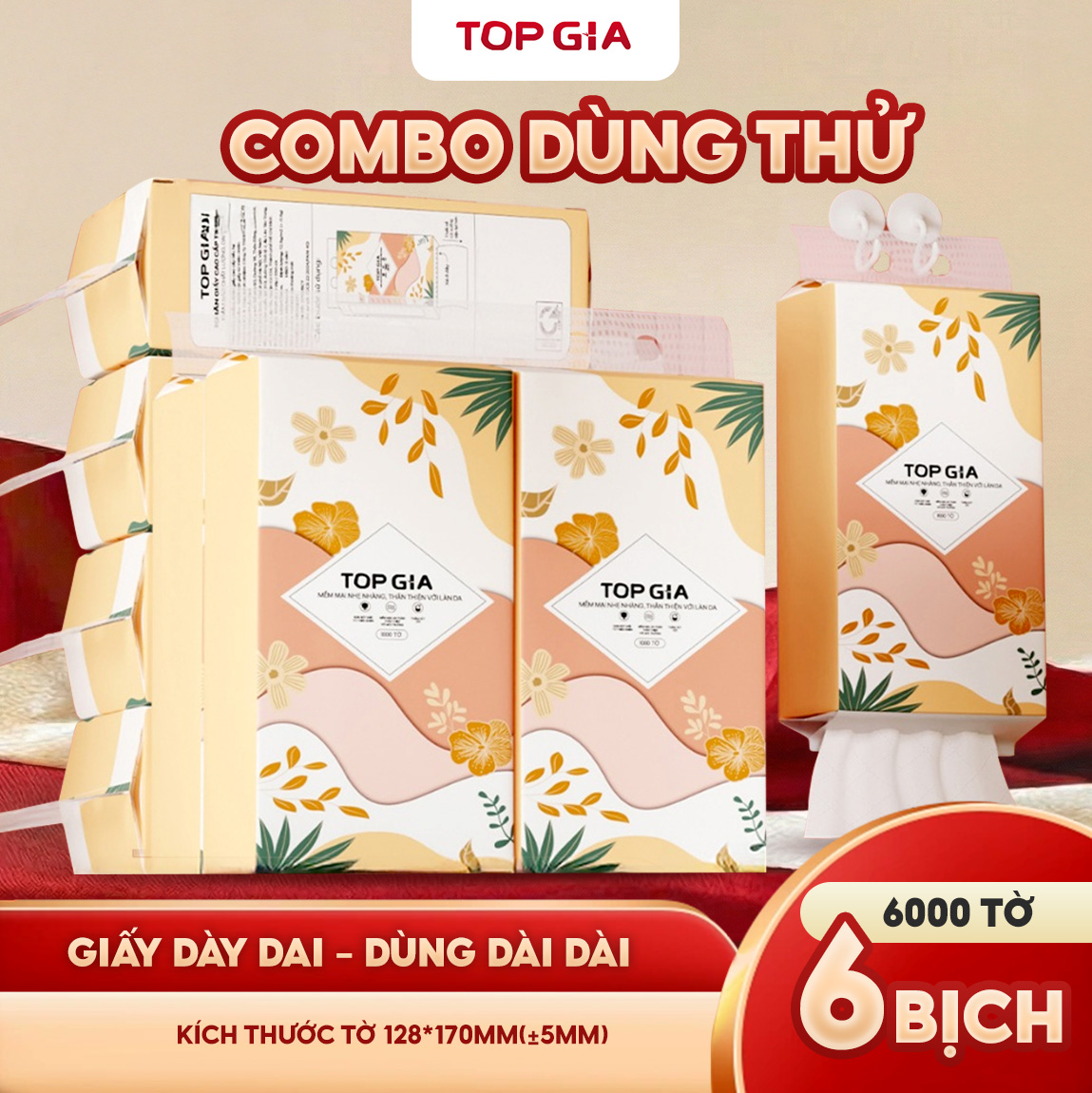 Top Gia Tieu Ha Wall-Mounted Tissue Paper, Toilet Paper 6 Packs of 1000 Sheets, Safe for All Skin Types, Used for All Spaces