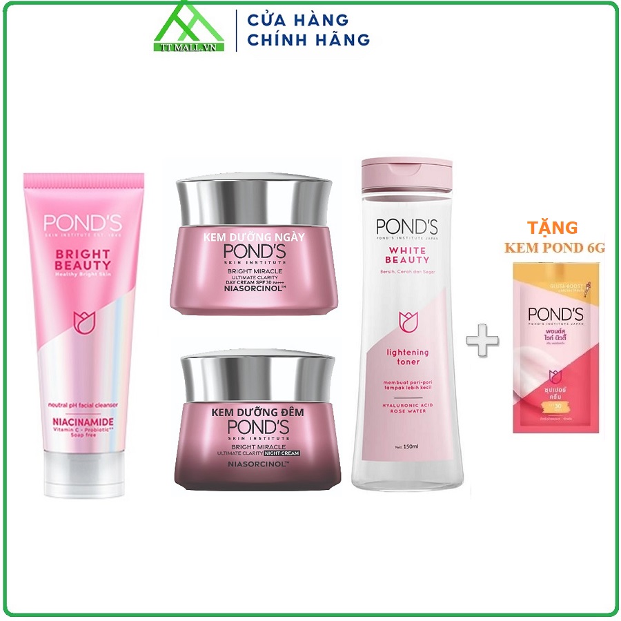 Combo: Pond's Trắng Hồng Rạng Rỡ (Sữa Rửa Mặt Kem Dưỡng Ngày Và Đêm Nước Hoa Hồng)