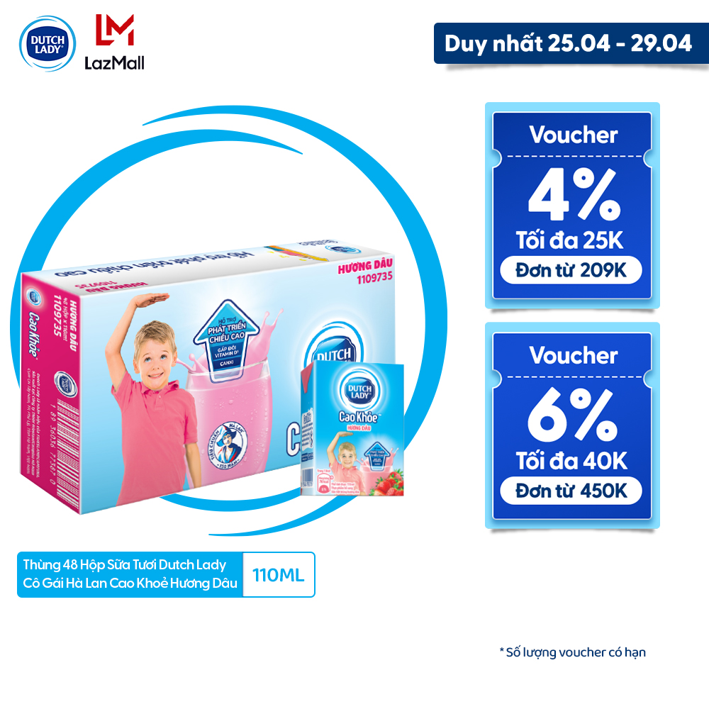 [25 - 29/4 VOUCHER ĐẾN 1 TRIỆU]Thùng 48 Hộp Sữa Dutch Lady Cô Gái Hà Lan Cao Khỏe Hương Dâu 110ml (48x110ml)