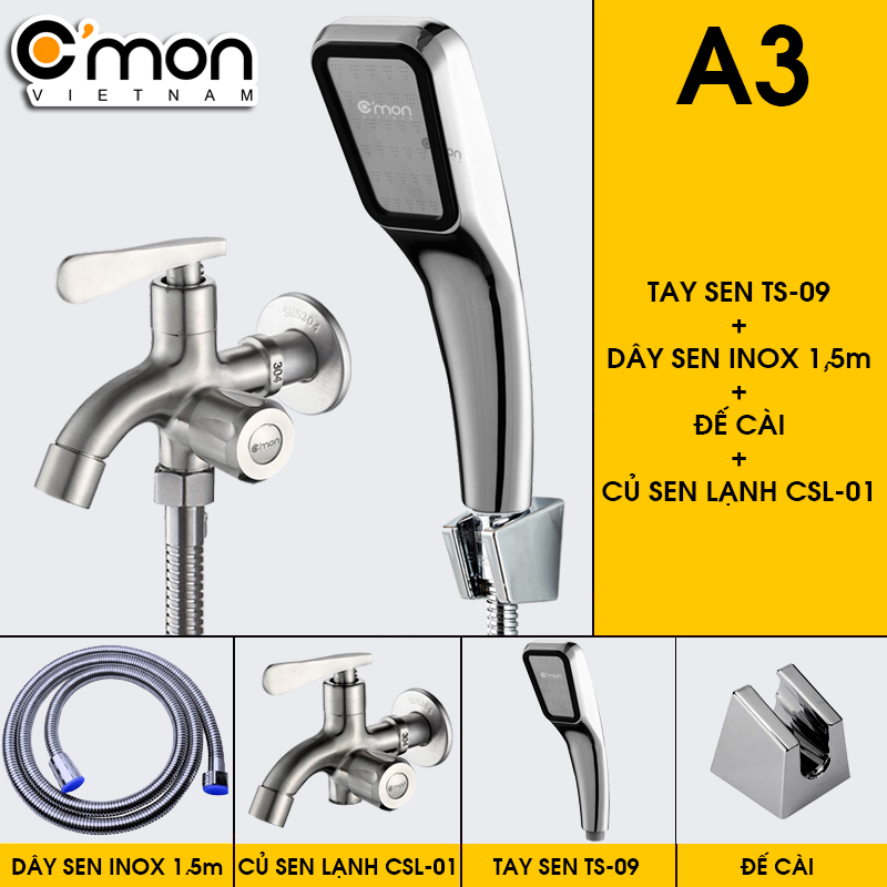 Combo bộ vòi sen tăng áp giá rẻ CMON TS-09 + Củ sen lạnh CMON CSL-01