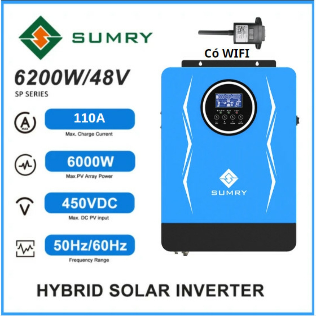 Bộ đổi điện đa dụng 6200W 48V điện áp 55V - 450V sạc MPPT 110A có Wifi - SP 7000 Xanh wifi