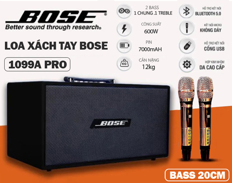 HÀNG Mỹ Loa Xách Tay Bose 1099A Pro Bass Đôi 20cm Công Suất 600W Kèm 2 Micro . Loa Sử Dụng 2 Bass 20cm 1 Trung Và 1 Treble Âm Trầm Cực Mạnh Và Âm Thanh Sáng Tách Biệt Đến Từng Nốt Nhạc Hoàn Hảo