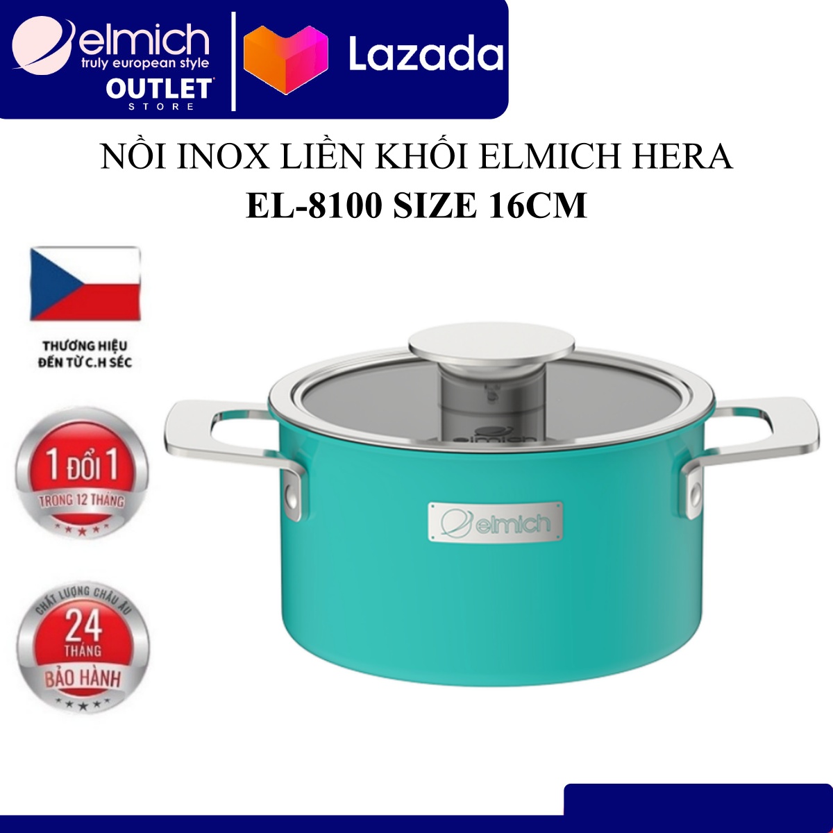 Nồi INOX Liền Khối Elmich Hera Mầu Xanh (Size 16, 18, 20, 22, 26cm)