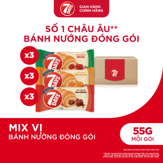 Combo 12 Gói Bánh Sừng Bò 7DAYS Mix Vị Kem Socola/Mứt Táo Quế/ Dâu 55g