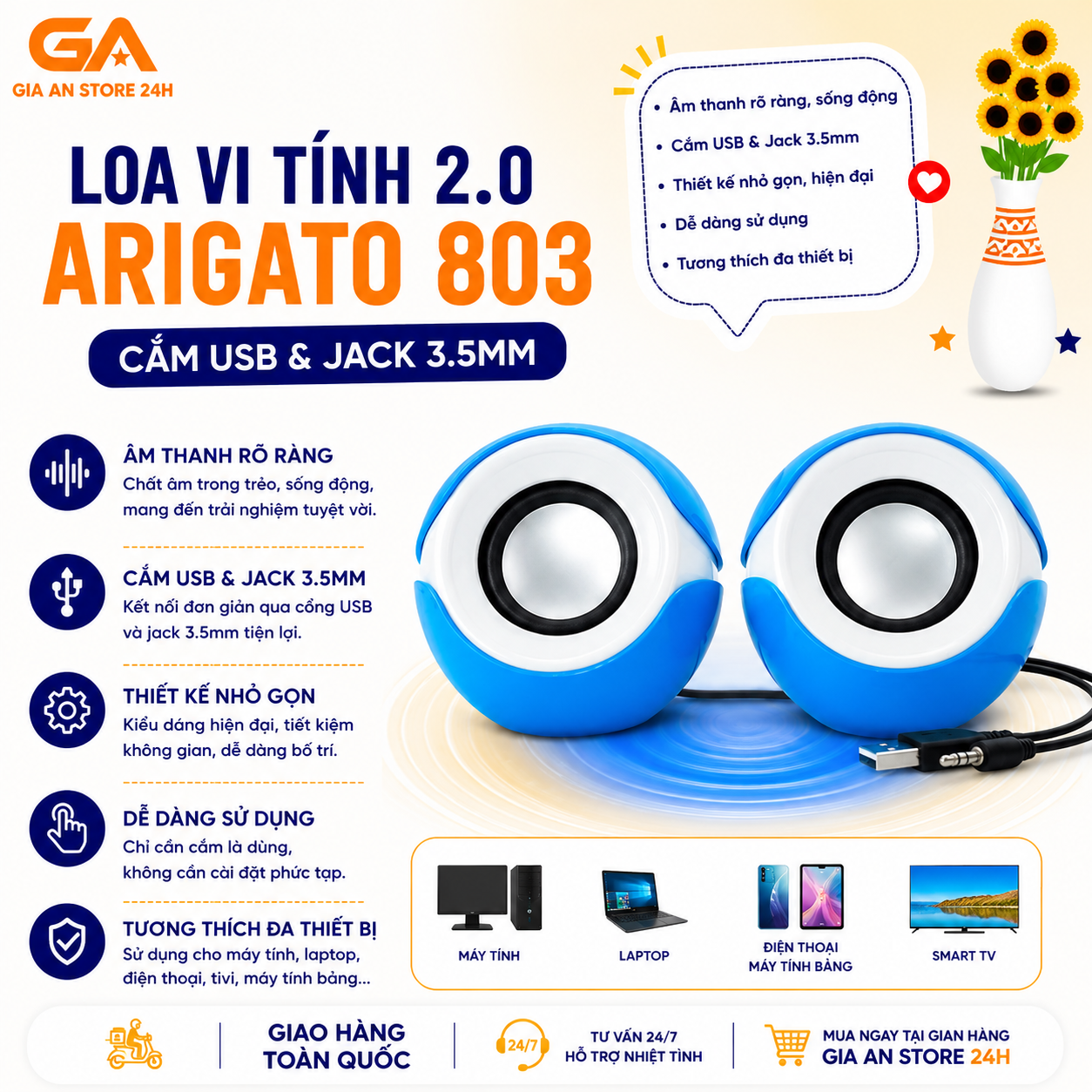 Loa Vi Tính 2.0 Arigato 803 Âm Thanh Stereo Kết Nối USB & AUX 3.5mm