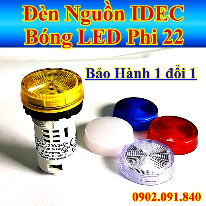 Đèn báo phẳng bóng LED unibody 220V AC/DC, đèn báo nguồn màu vàng phi 22 IDEC YW1P-1UQM3Y
