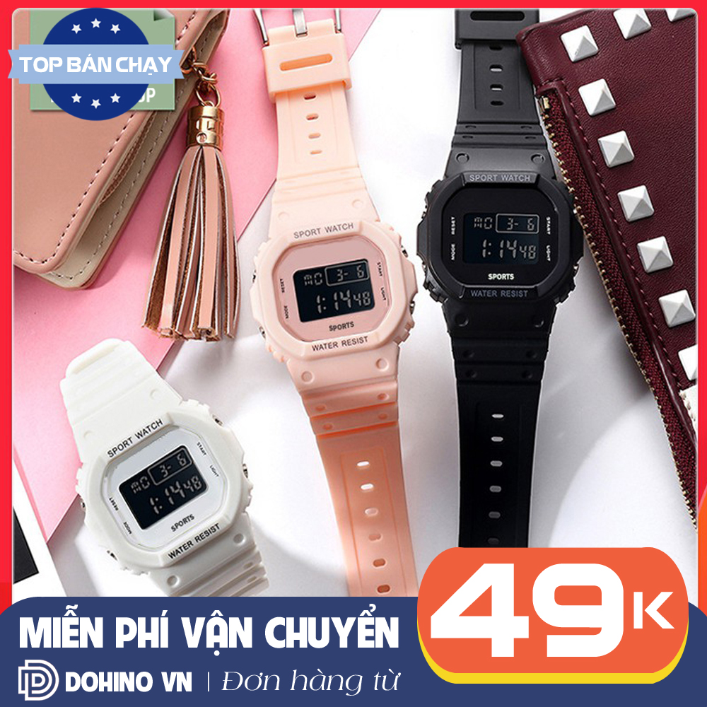 Đồng hồ thể thao nam nữ điện tử mặt vuông chống nước S185 có đèn sáng, dây nhựa nhiều màu cực bền dùng đi học hoặc đi chơi, đồng hồ cặp đôi