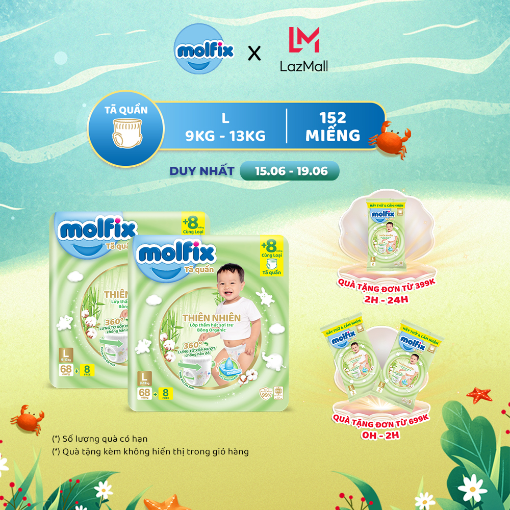 [Tặng 1 Tã Quần size L - Gói 20+2 miếng trị giá 150k] Combo 2 Tã/bỉm quần Moflix Thiên nhiên Ultra L (9kg - 13kg) - Gói 68+8 miếng