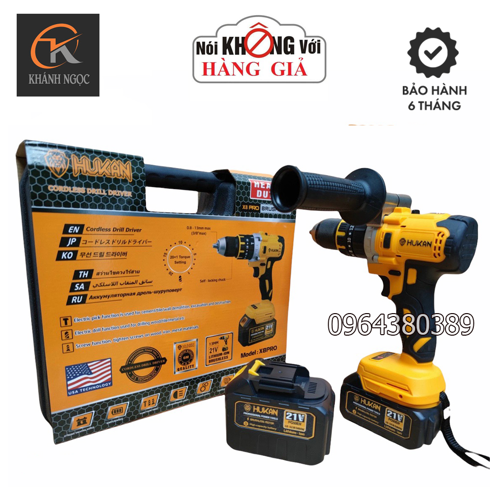 Máy khoan pin HUKAN X8 Pro không chổi than đầu kẹp 13 ly tặng túi