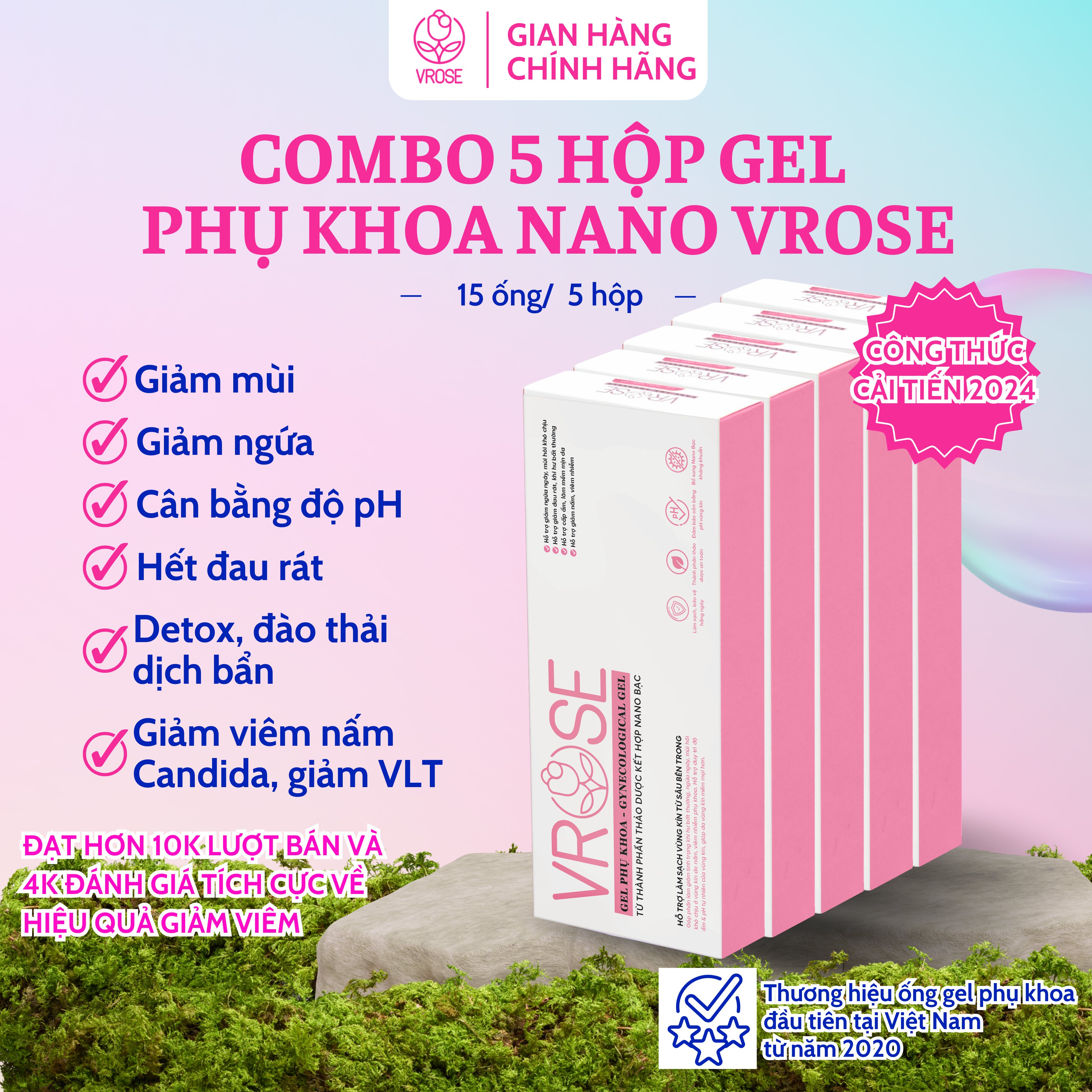 Combo 5 hộp Gel phụ khoa nano Vrose làm sạch và tránh viêm nhiễm vùng kín (5 hộp 15 ống)