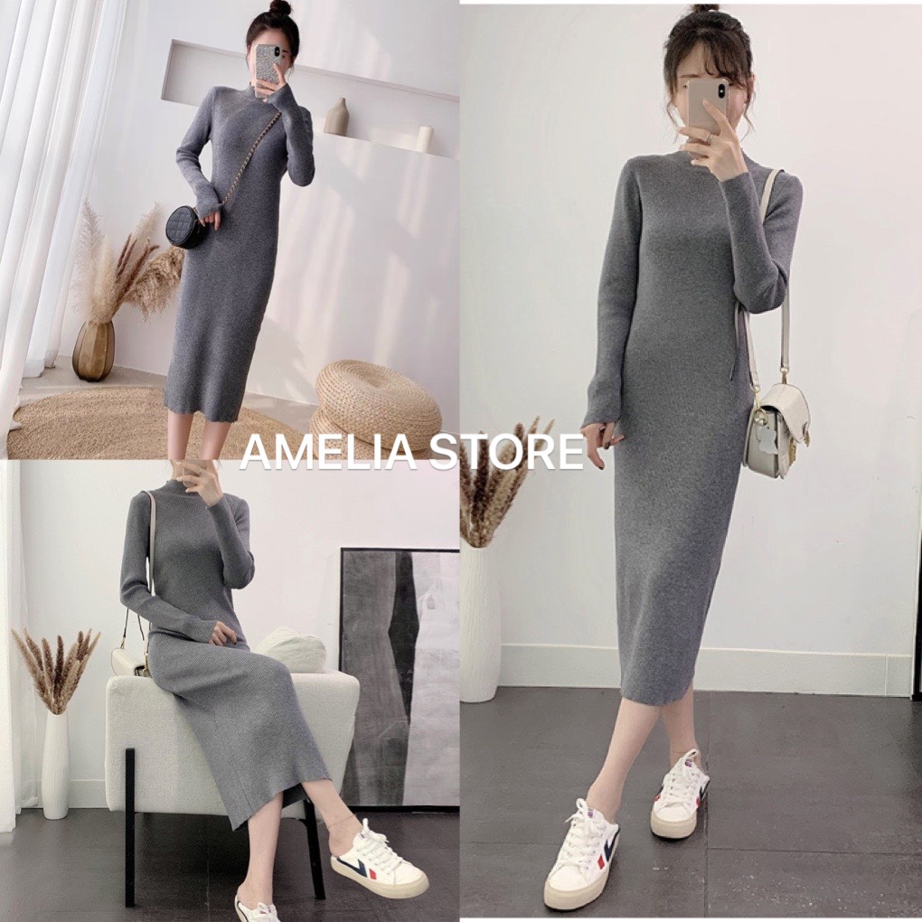 Đầm len ôm body cổ 3 phân màu xám, đầm ôm body nữ sexy, đầm len tăm dáng dài, đầm len nữ, đầm body nữ dáng ôm, đầm len cao cổ, đầm len dáng suông, đầm len ôm hàn quốc, AMELIA