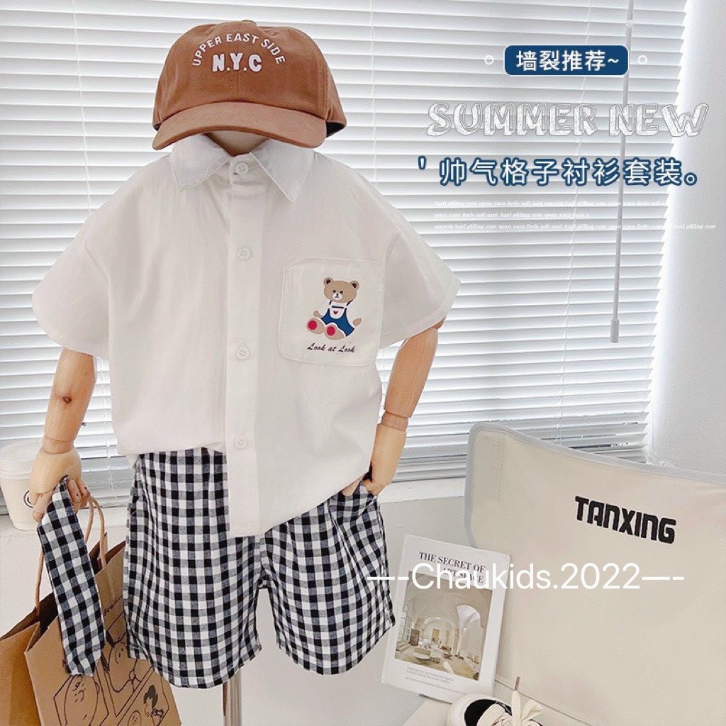 Quần áo bé trai - Set sơ mi kẻ kèm cavat thêu hình gấu size 10-20kg