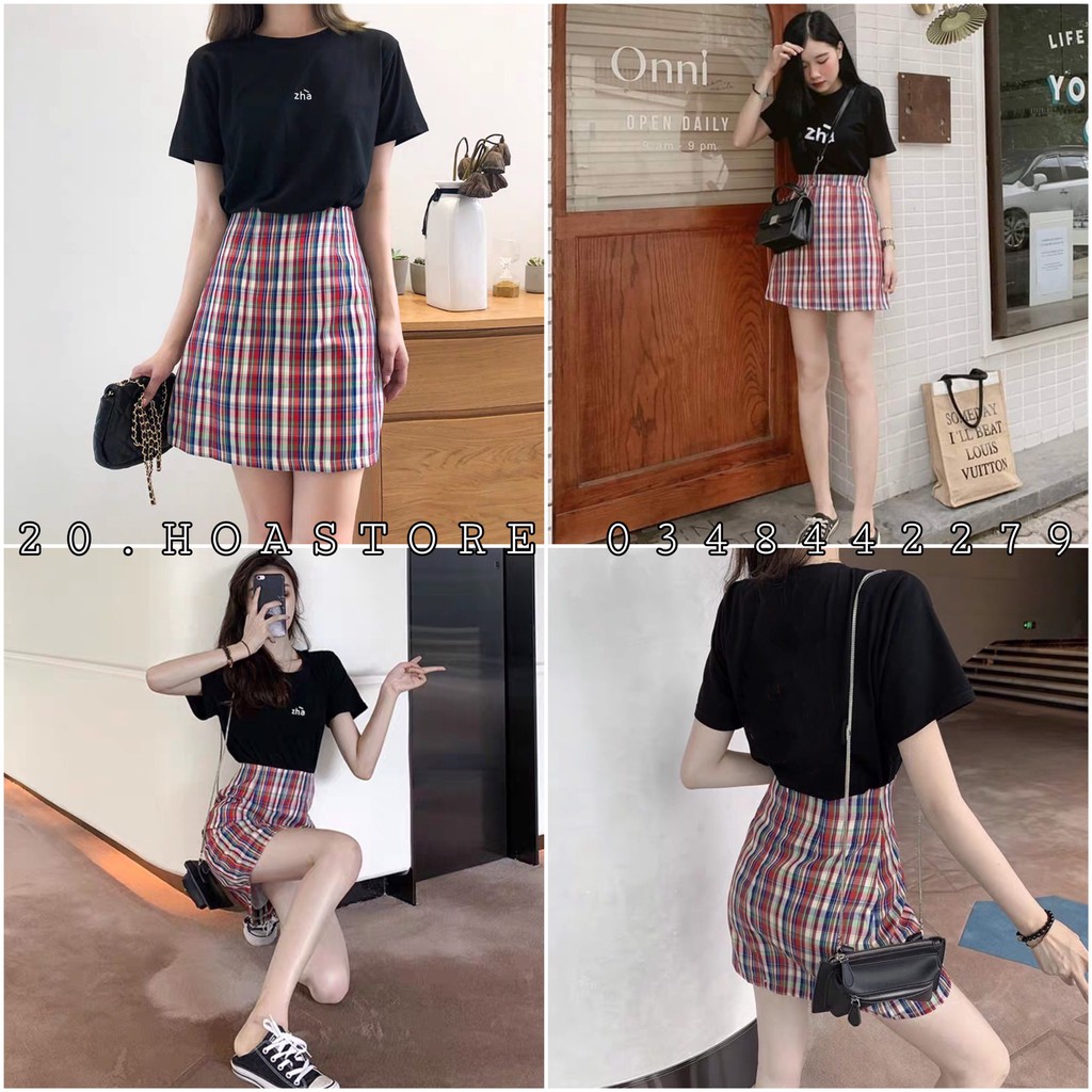 SET ÁO PHÔNG ZHA ĐEN COTTON XỊN MIX CHÂN VÁY KẺ CARO ĐỎ ĐỘC LẠ ULZZANG
