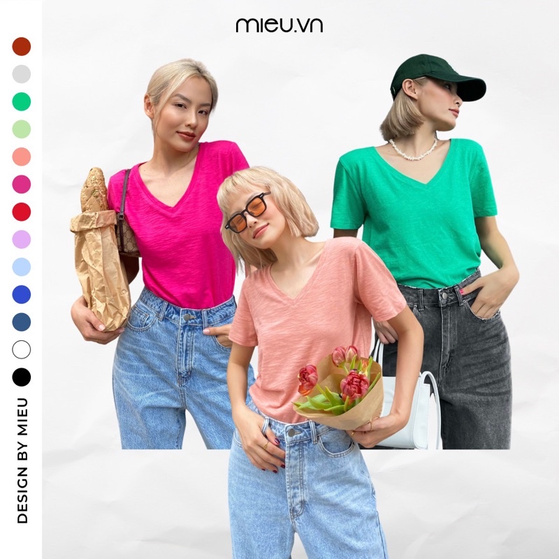 Áo thun cổ V cổ tim dáng basic nhiều màu chất cotton MIEU - GS02