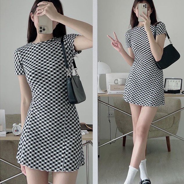 Đầm body nữ ca rô tay ngắn chất vải thun xốp siêu hót