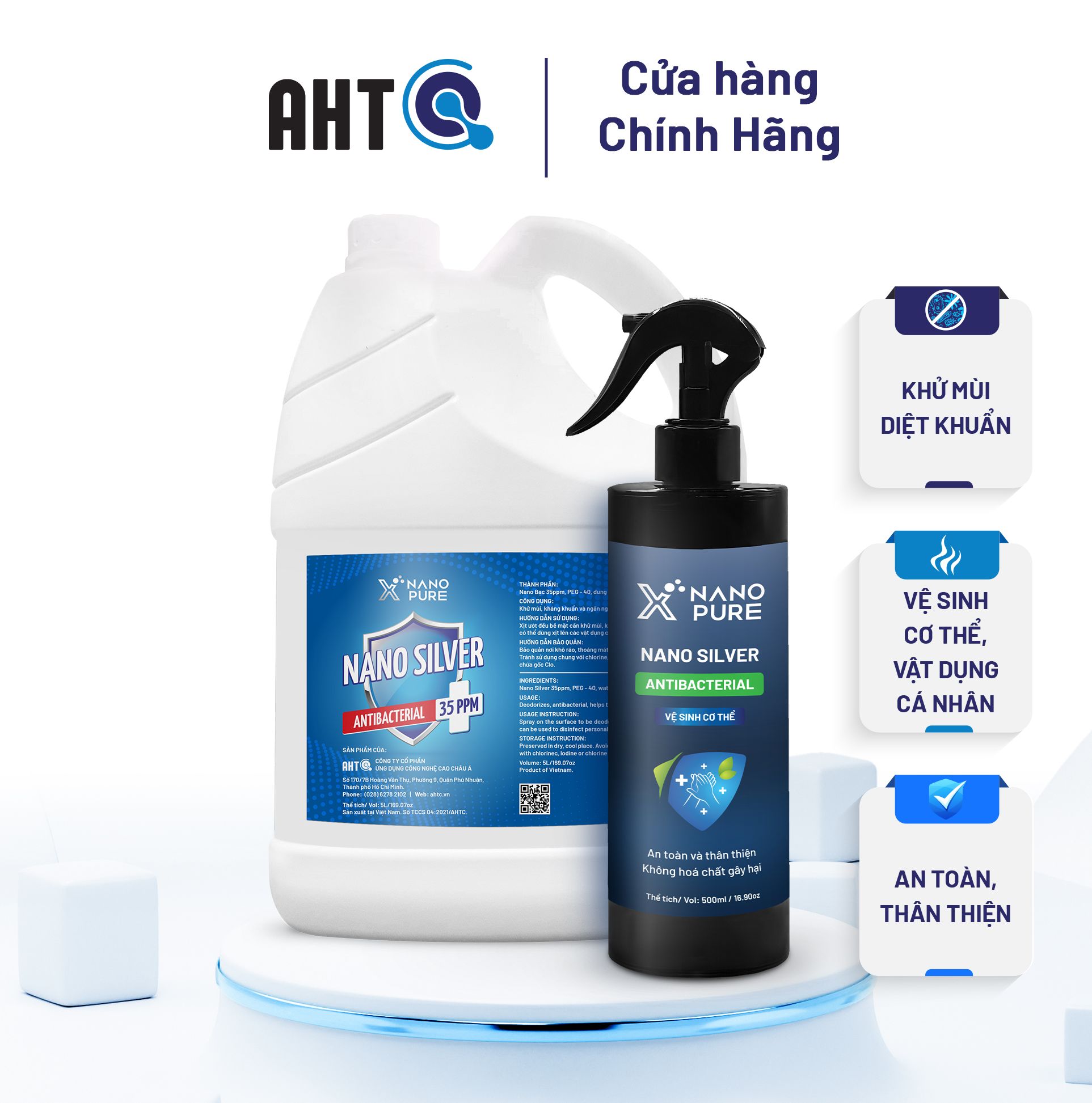 Nano bạc diệt khuẩn nano xpure nano silver 35ppm 5l+chai xịt nano xpure nước rửa tay khô 500ml-khử mùi, kháng khuẩn-aht corp